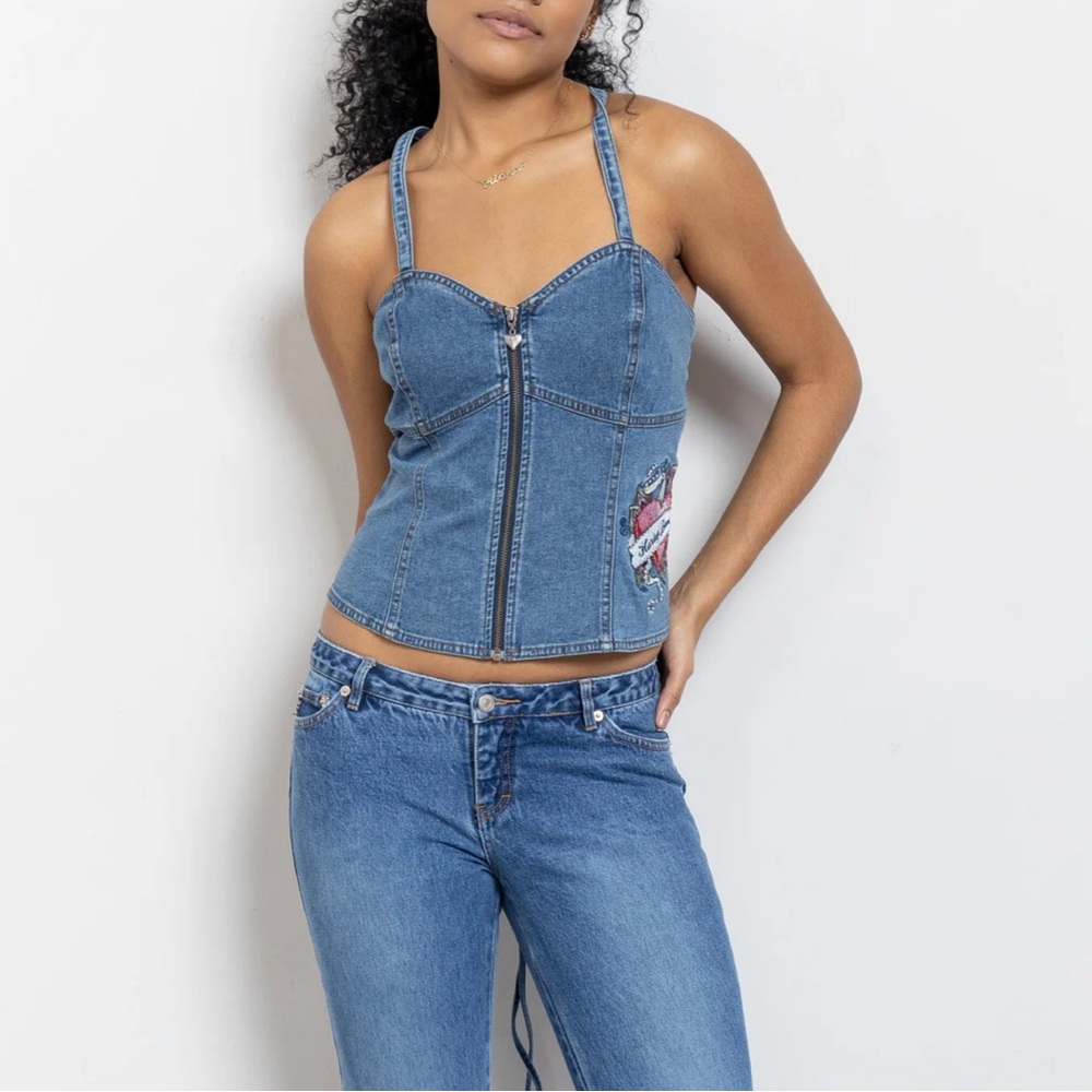 Vintage Harley Davidson 90s/Y2K Biker Embroidered Denim Corset XL